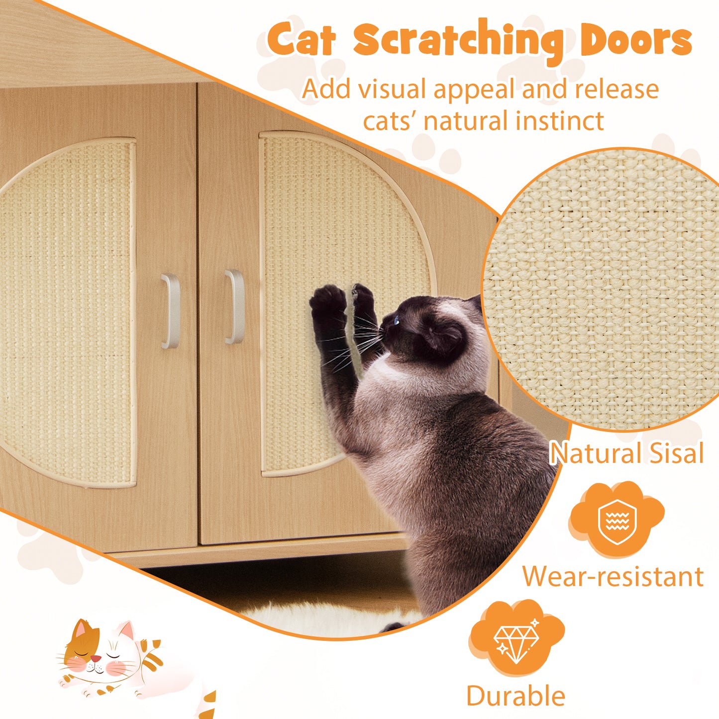 Cat Litter Box Enclosure with Sisal Scratching Doors and Storage-Natural