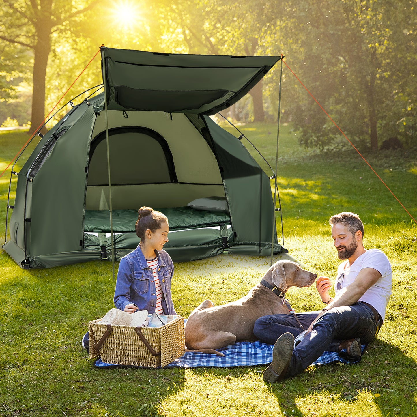 1-Person Folding Camping Tent with Sunshade and Air Mattress