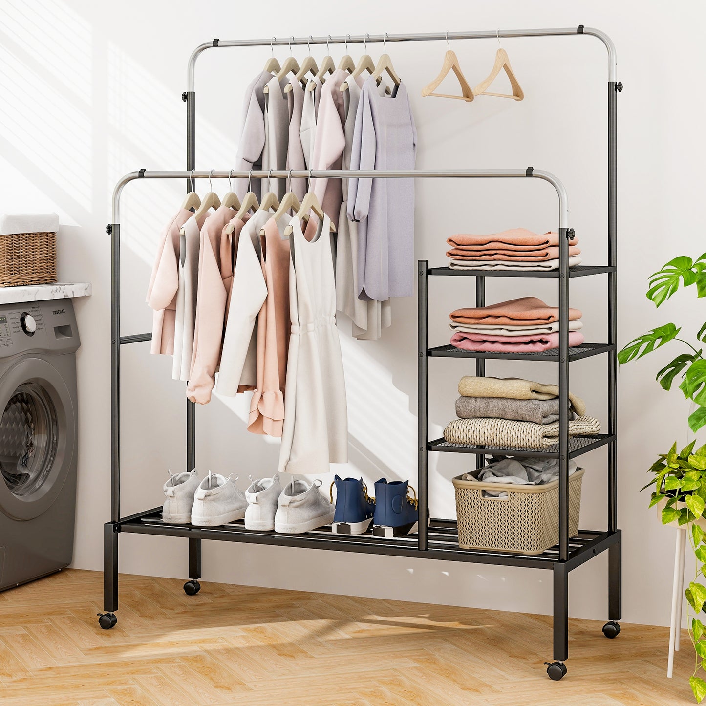 Rolling Double Rods Garment Rack with Height Adjustable Hanging Bars-Silver