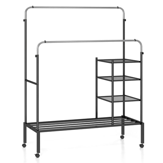 Rolling Double Rods Garment Rack with Height Adjustable Hanging Bars-Silver