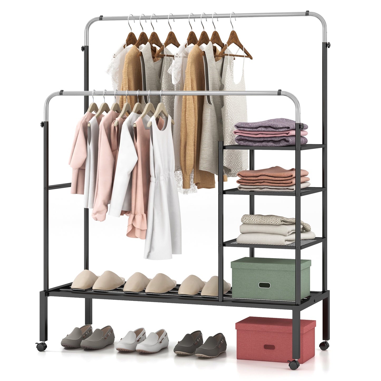 Rolling Double Rods Garment Rack with Height Adjustable Hanging Bars-Silver