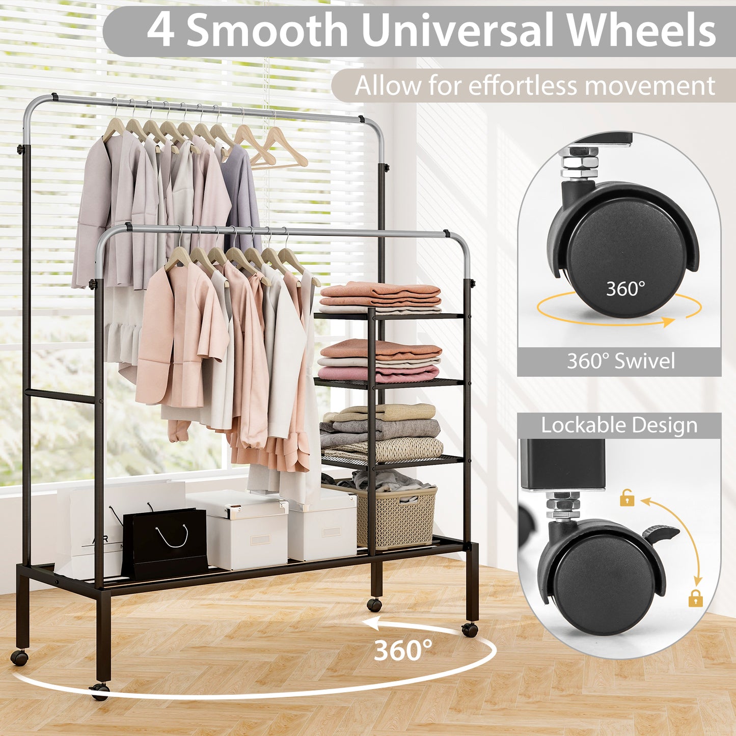 Rolling Double Rods Garment Rack with Height Adjustable Hanging Bars-Silver