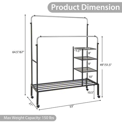 Rolling Double Rods Garment Rack with Height Adjustable Hanging Bars-Silver