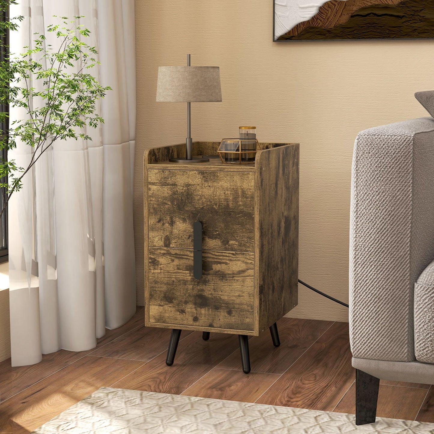 Nightstand Side Tables with 2 Drawers and 2 USB Ports-Rustic Brown