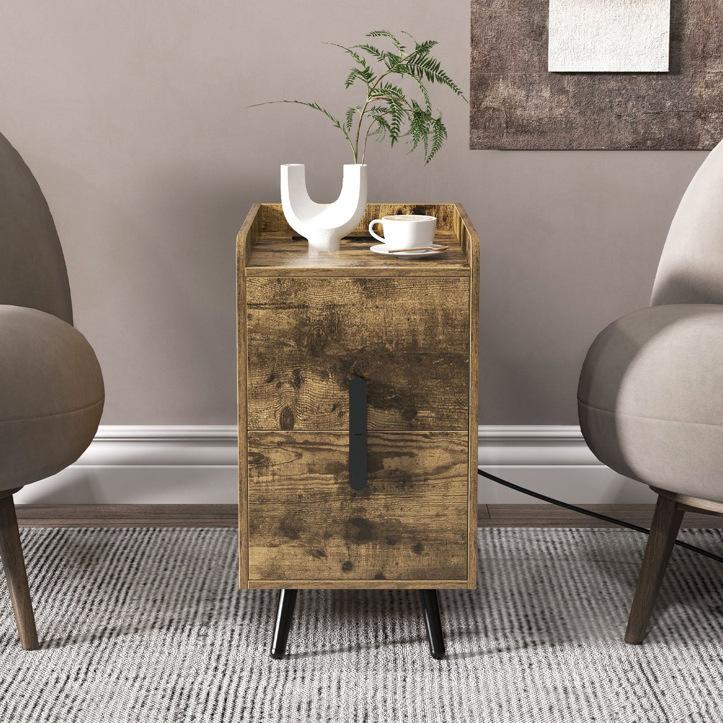 Nightstand Side Tables with 2 Drawers and 2 USB Ports-Black