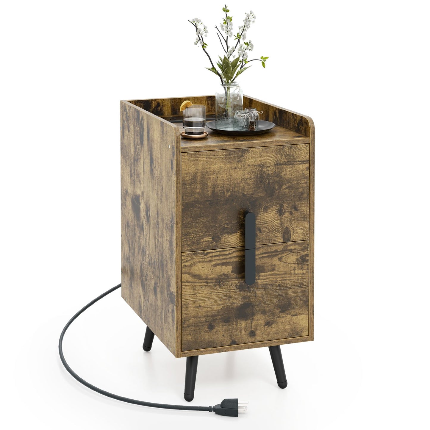 Nightstand Side Tables with 2 Drawers and 2 USB Ports-Rustic Brown