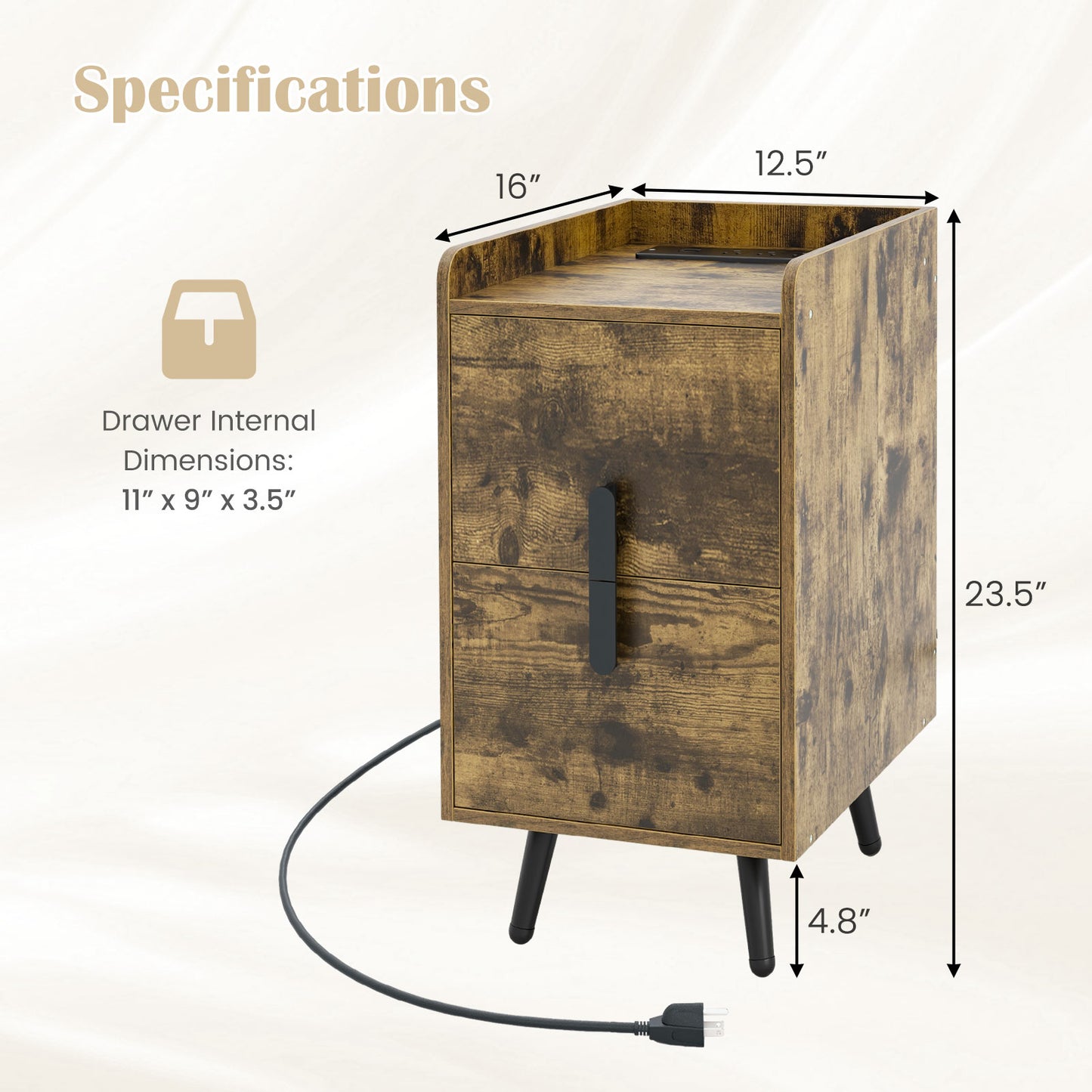 Nightstand Side Tables with 2 Drawers and 2 USB Ports-Rustic Brown