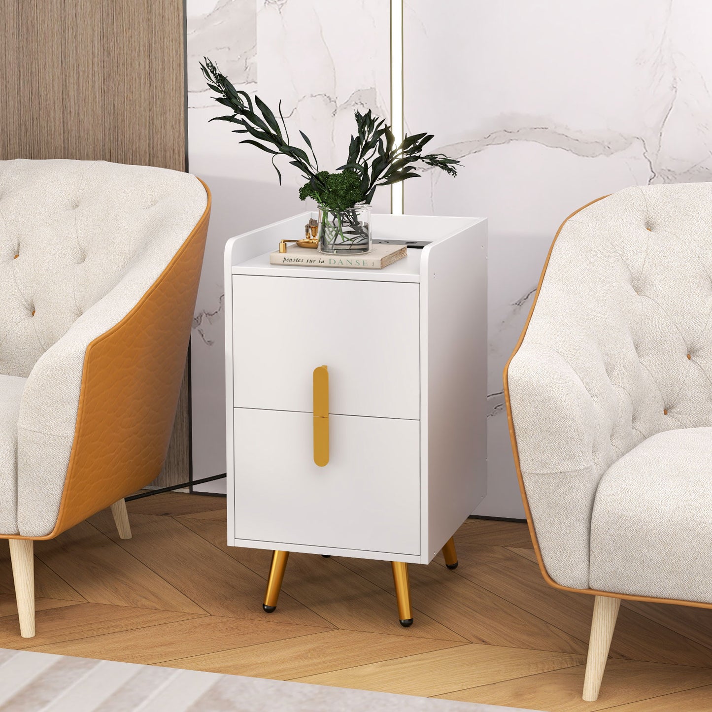 Nightstand Side Tables with 2 Drawers and 2 USB Ports-White