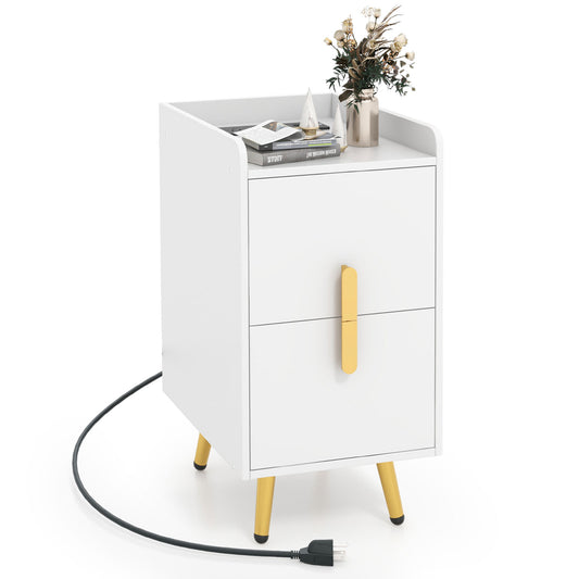 Nightstand Side Tables with 2 Drawers and 2 USB Ports-White