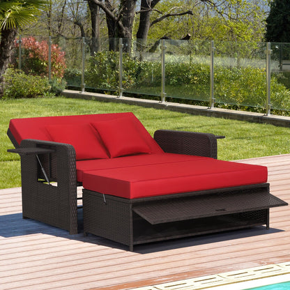 Patio Rattan Daybed with 4-Level Adjustable Backrest and Retractable Side Tray-Black