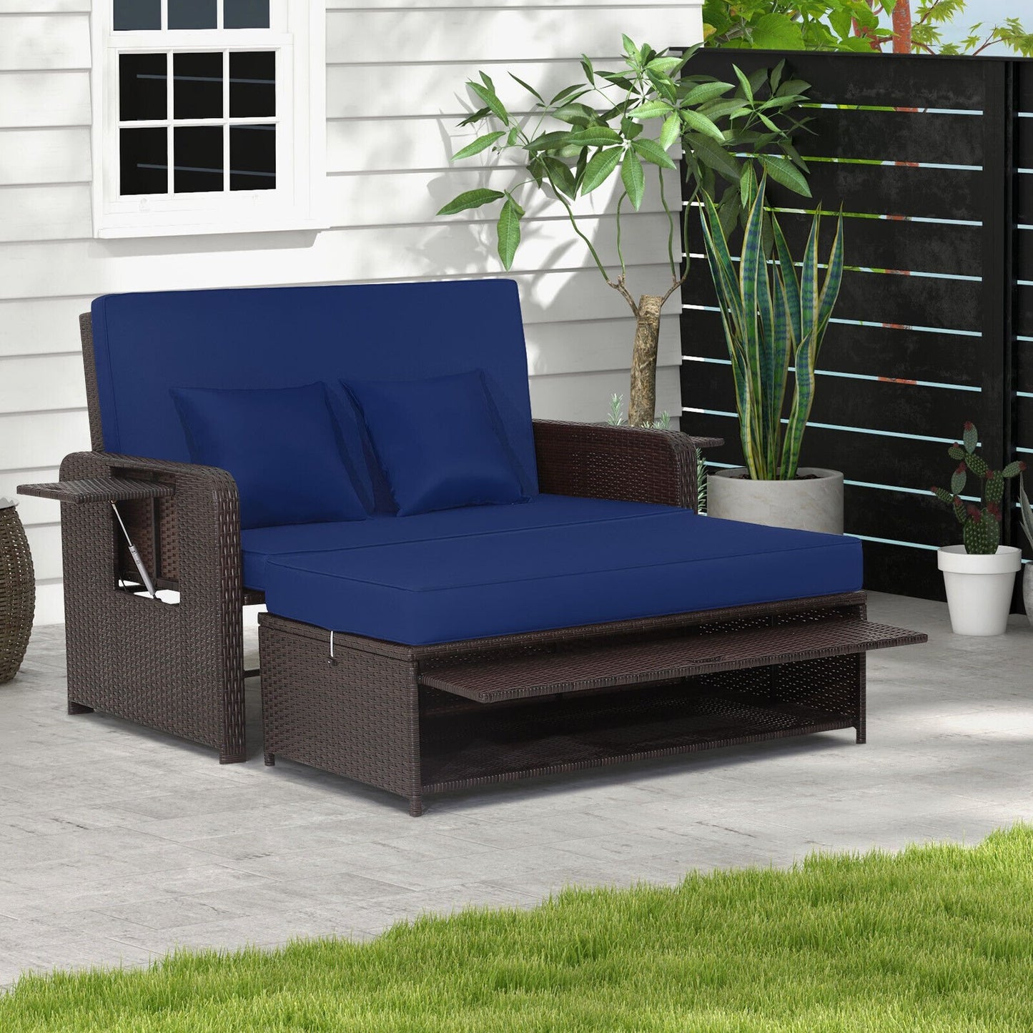 Patio Rattan Daybed with 4-Level Adjustable Backrest and Retractable Side Tray-Black