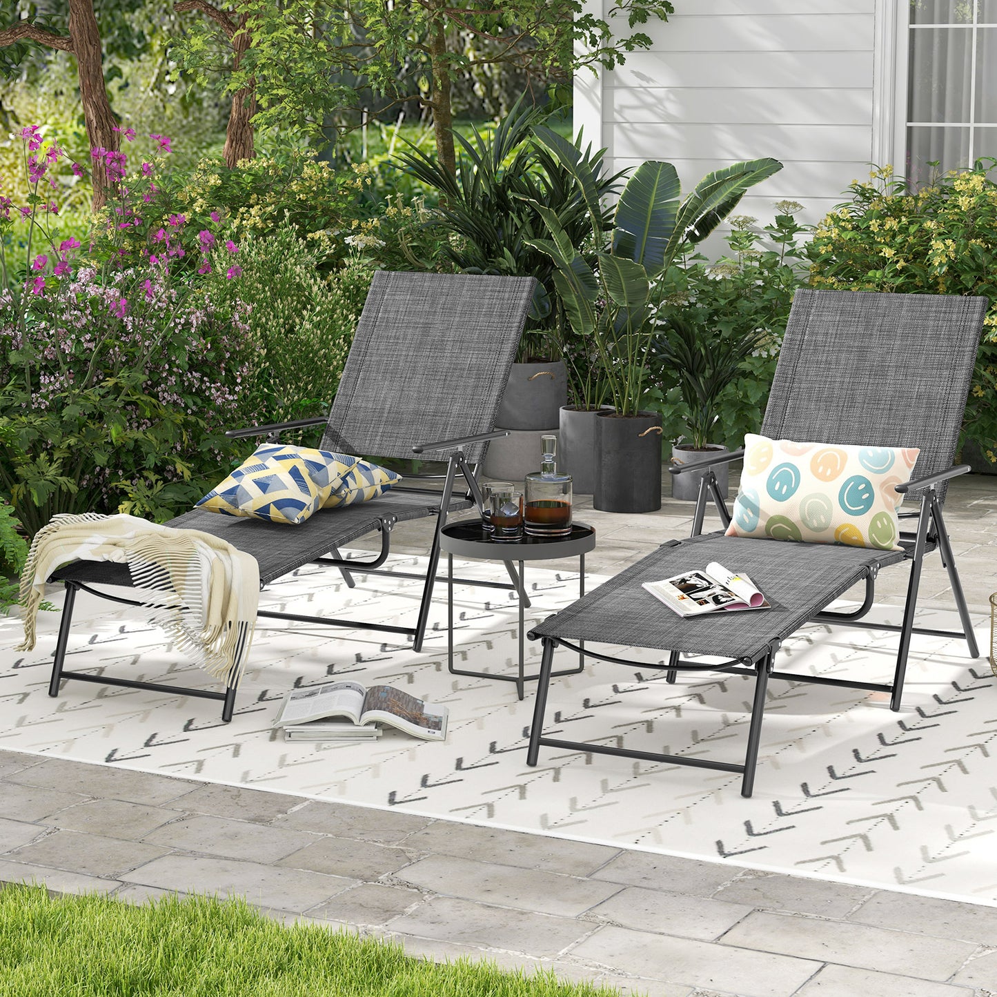 2 Piece Patio Folding Chaise Lounge Chairs Recliner with 6-Level Backrest-Gray