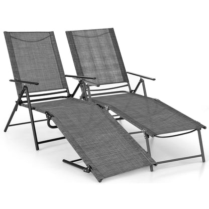 2 Piece Patio Folding Chaise Lounge Chairs Recliner with 6-Level Backrest-Gray