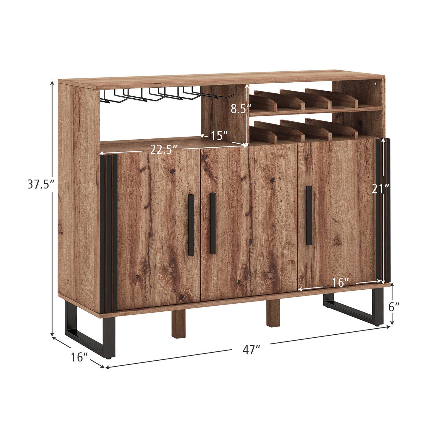 Home Wine Bar Cabinet with 3 Doors and Adjustable Shelves-Brown