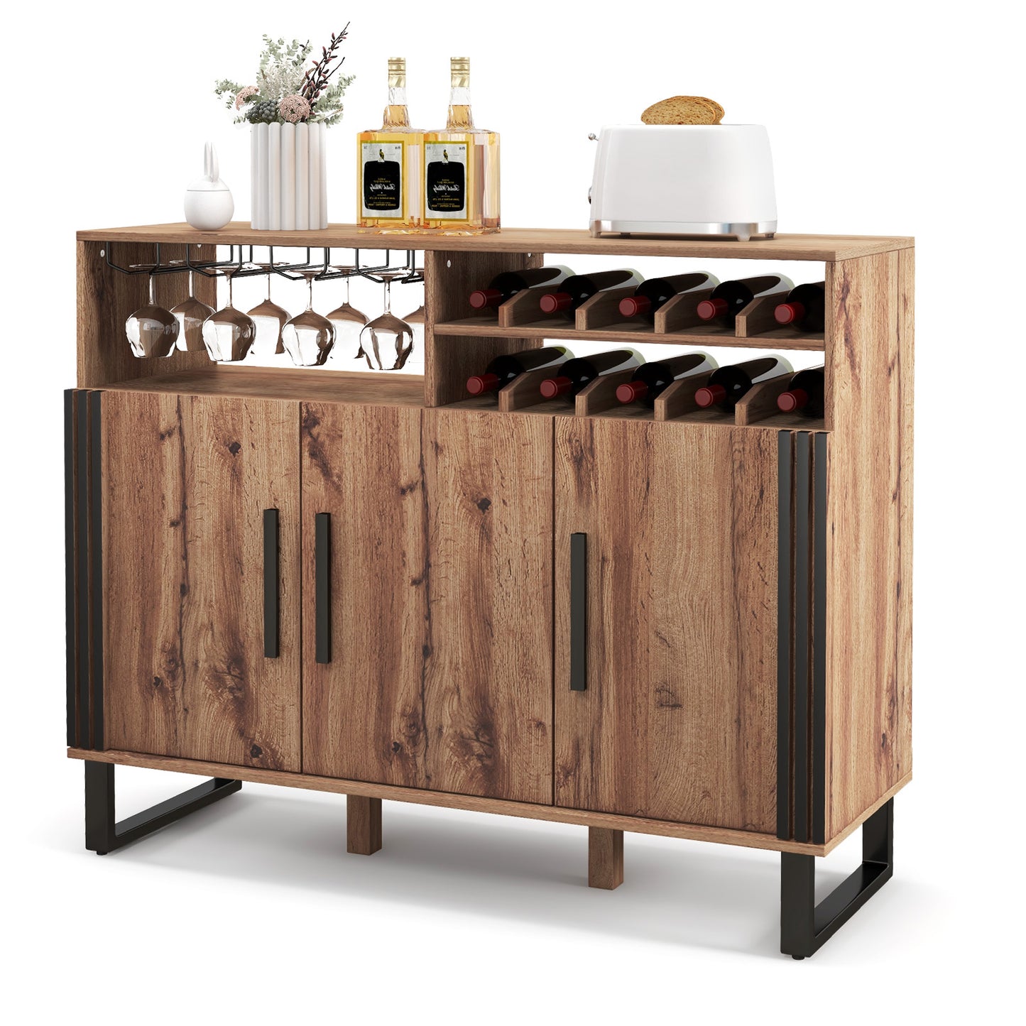 Home Wine Bar Cabinet with 3 Doors and Adjustable Shelves-Brown