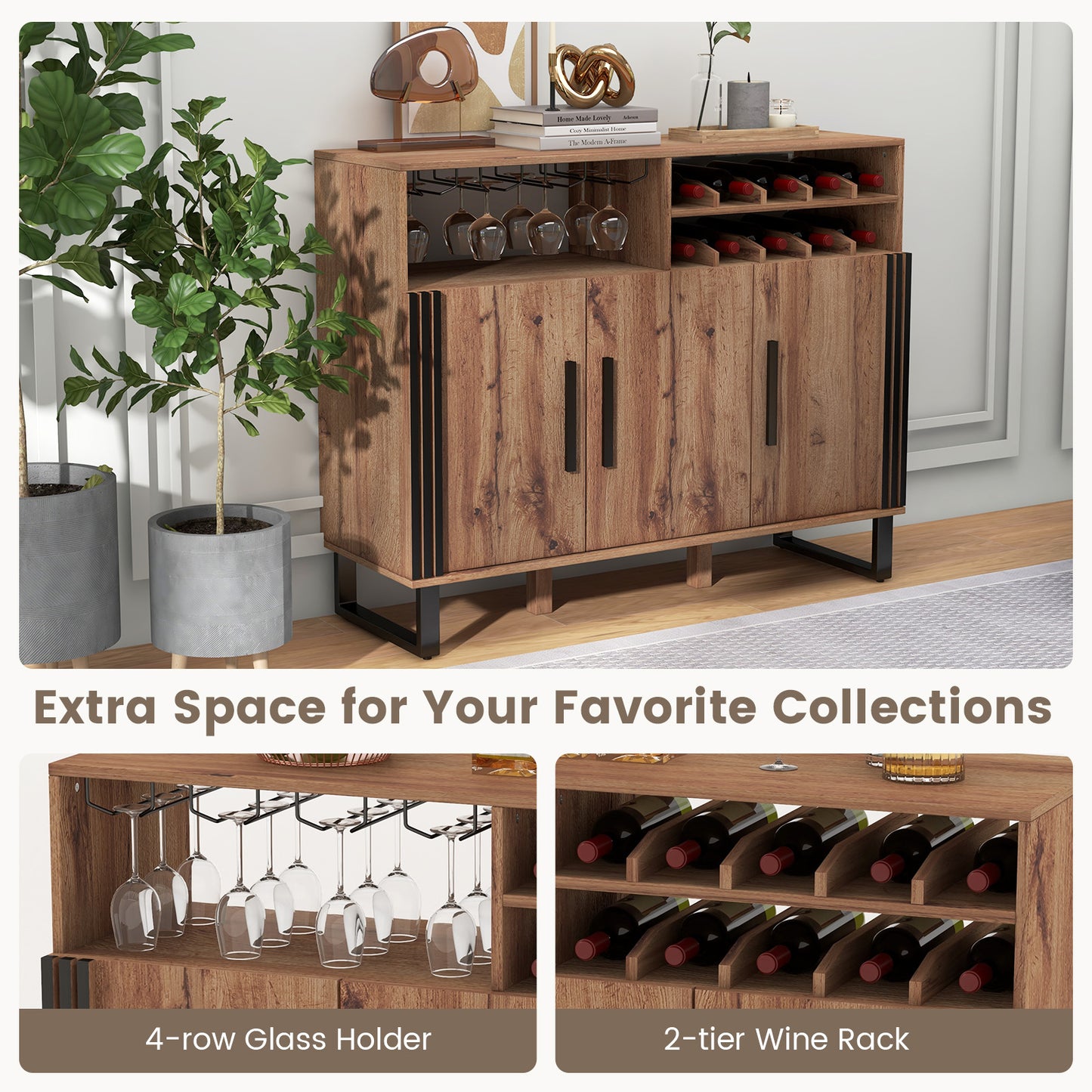 Home Wine Bar Cabinet with 3 Doors and Adjustable Shelves-Brown