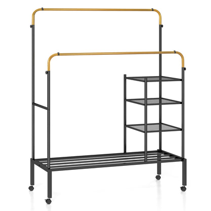 Rolling Double Rods Garment Rack with Height Adjustable Hanging Bars-Golden