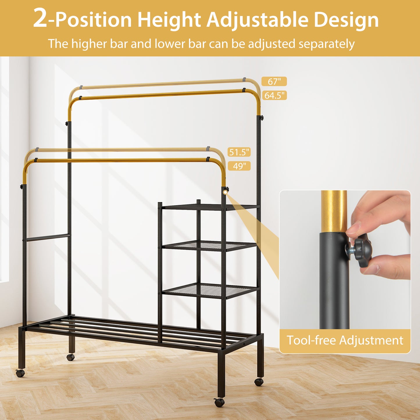 Rolling Double Rods Garment Rack with Height Adjustable Hanging Bars-Golden