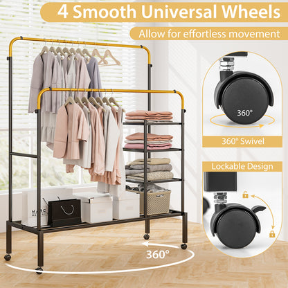 Rolling Double Rods Garment Rack with Height Adjustable Hanging Bars-Golden