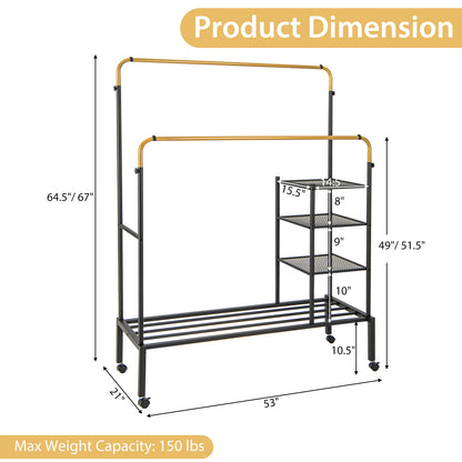 Rolling Double Rods Garment Rack with Height Adjustable Hanging Bars-Golden