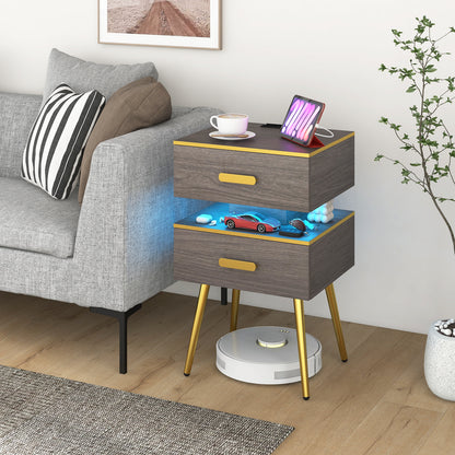 Nightstand Sofa Side Tables with Charging Station and 2 Drawers and LED lights-Gray