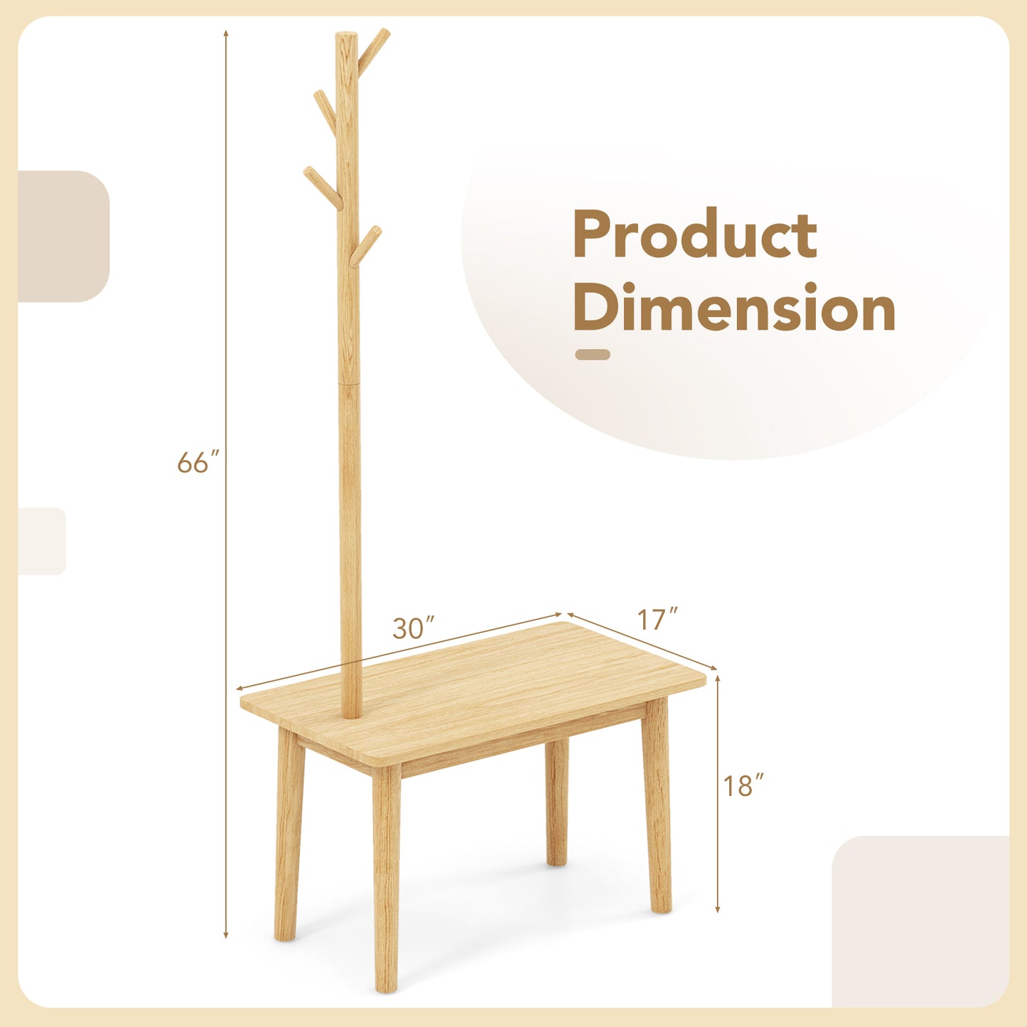 End Table with Coat Rack Solid Wood Coat Tree with 2-in-1 Side Table-Natural