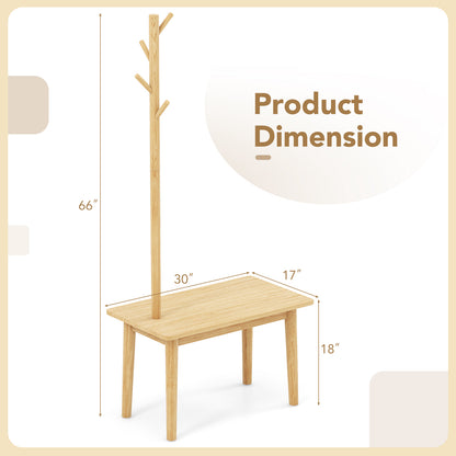 End Table with Coat Rack Solid Wood Coat Tree with 2-in-1 Side Table-Natural