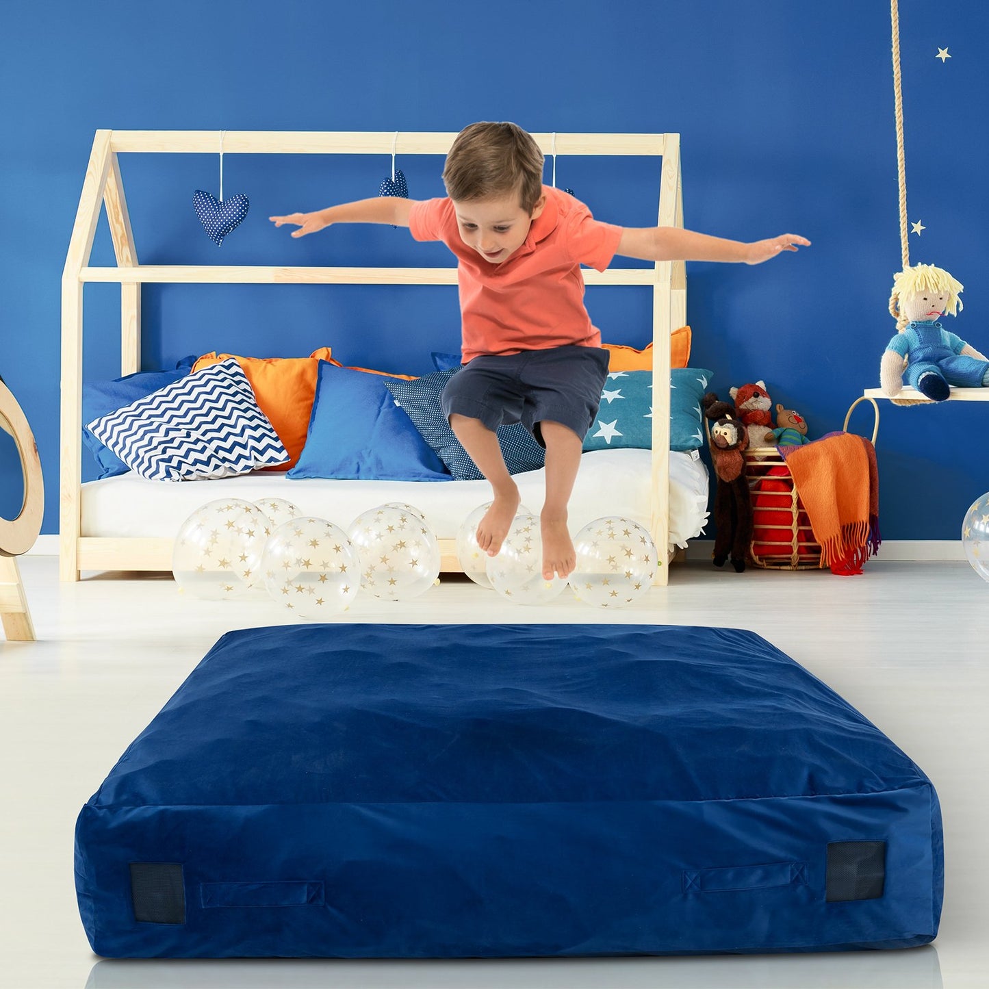 57 x 57 Inch Crash Pad Sensory Mat with Foam Blocks and Washable Velvet Cover-Blue