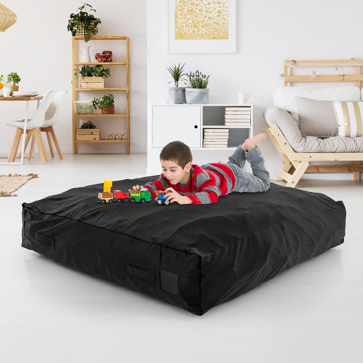 57 x 57 Inch Crash Pad Sensory Mat with Foam Blocks and Washable Velvet Cover-Black