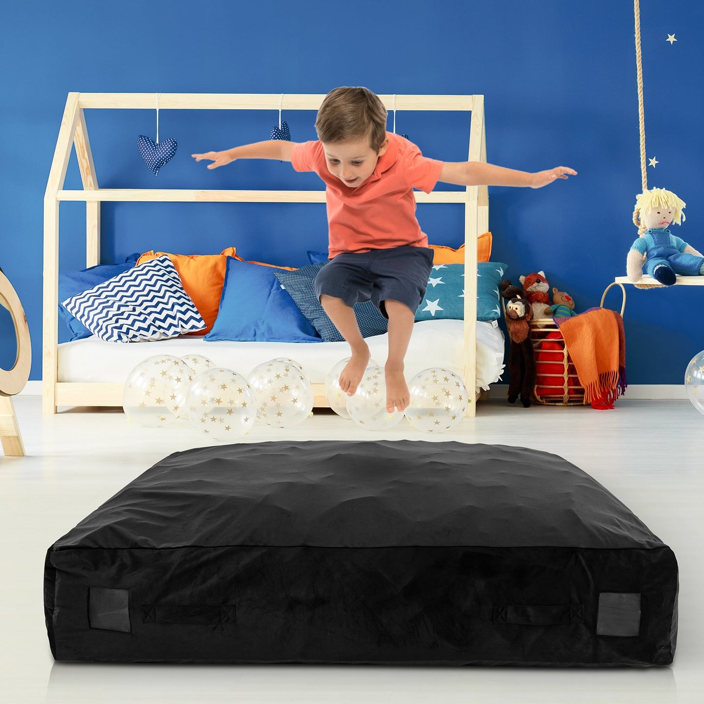 57 x 57 Inch Crash Pad Sensory Mat with Foam Blocks and Washable Velvet Cover-Black