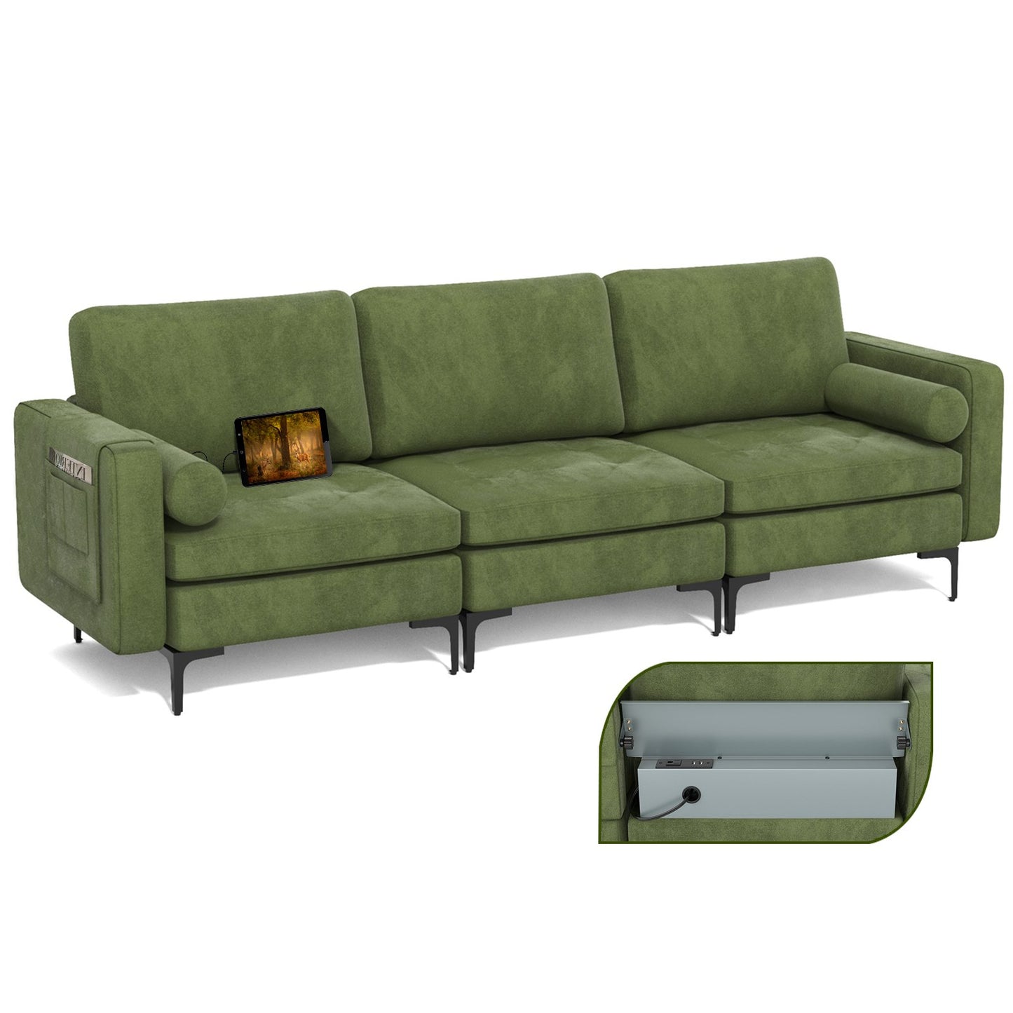 Modular 3-Seat Sofa Couch with Socket USB Ports and Side Storage Pocket-Gray