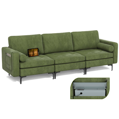 Modular 3-Seat Sofa Couch with Socket USB Ports and Side Storage Pocket-Gray