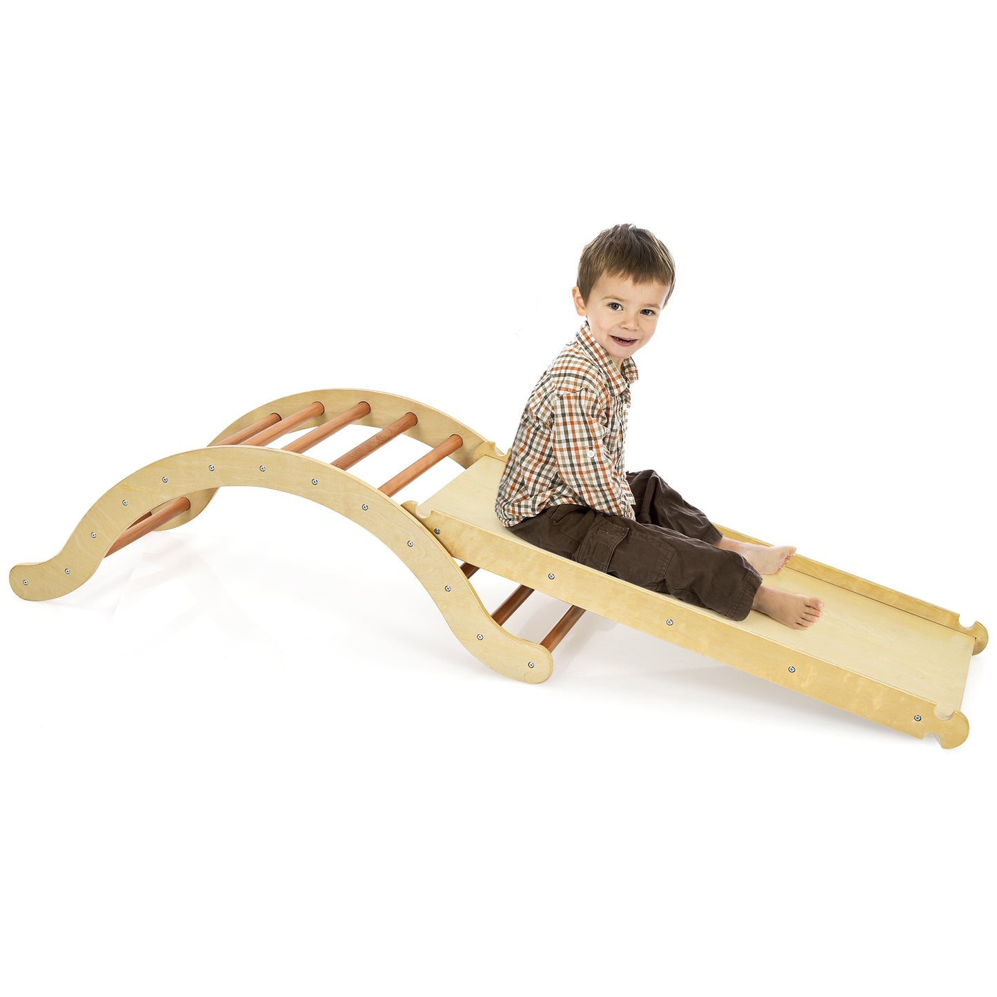 3-in-1 Kids Climber Set Wooden Arch Triangle Rocker with Ramp and Mat-Natural