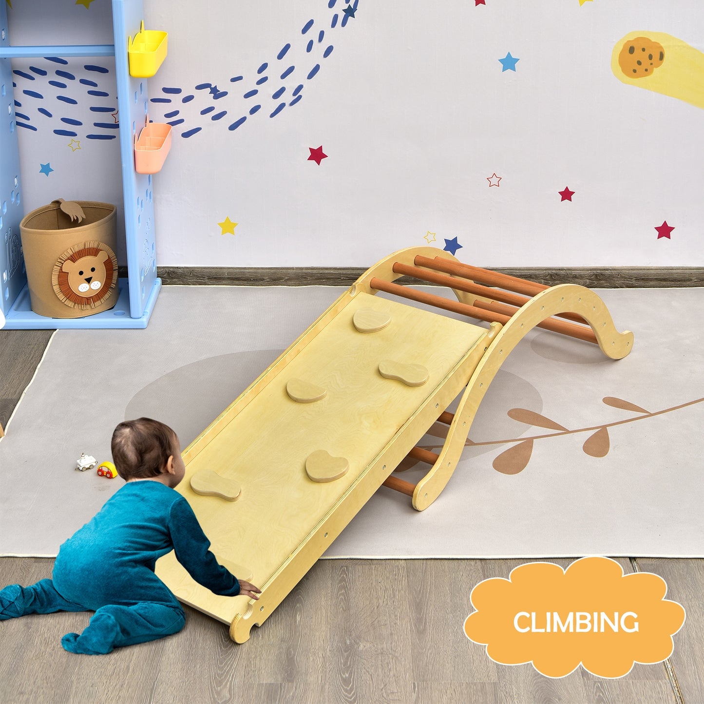 3-in-1 Kids Climber Set Wooden Arch Triangle Rocker with Ramp and Mat-Natural