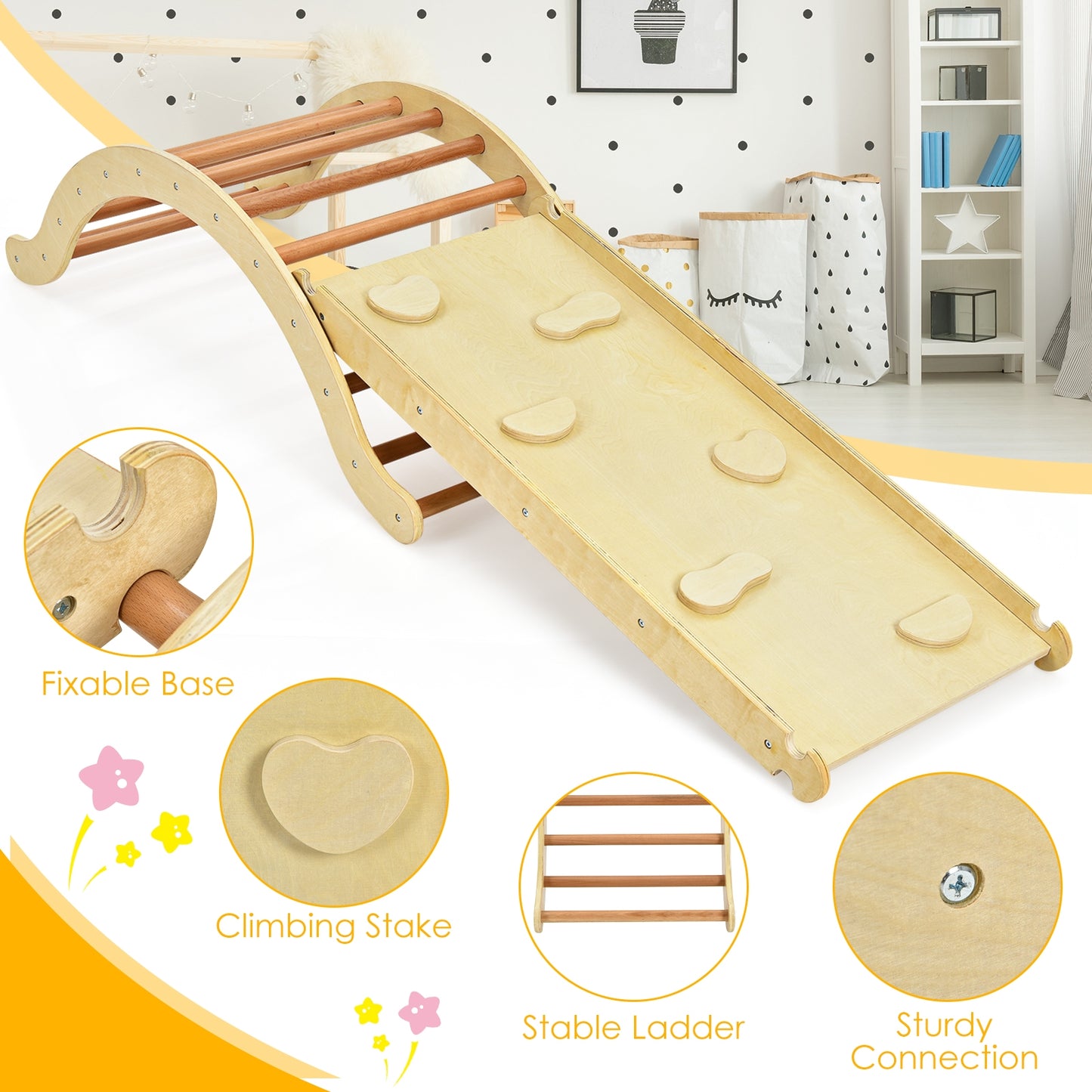 3-in-1 Kids Climber Set Wooden Arch Triangle Rocker with Ramp and Mat-Natural