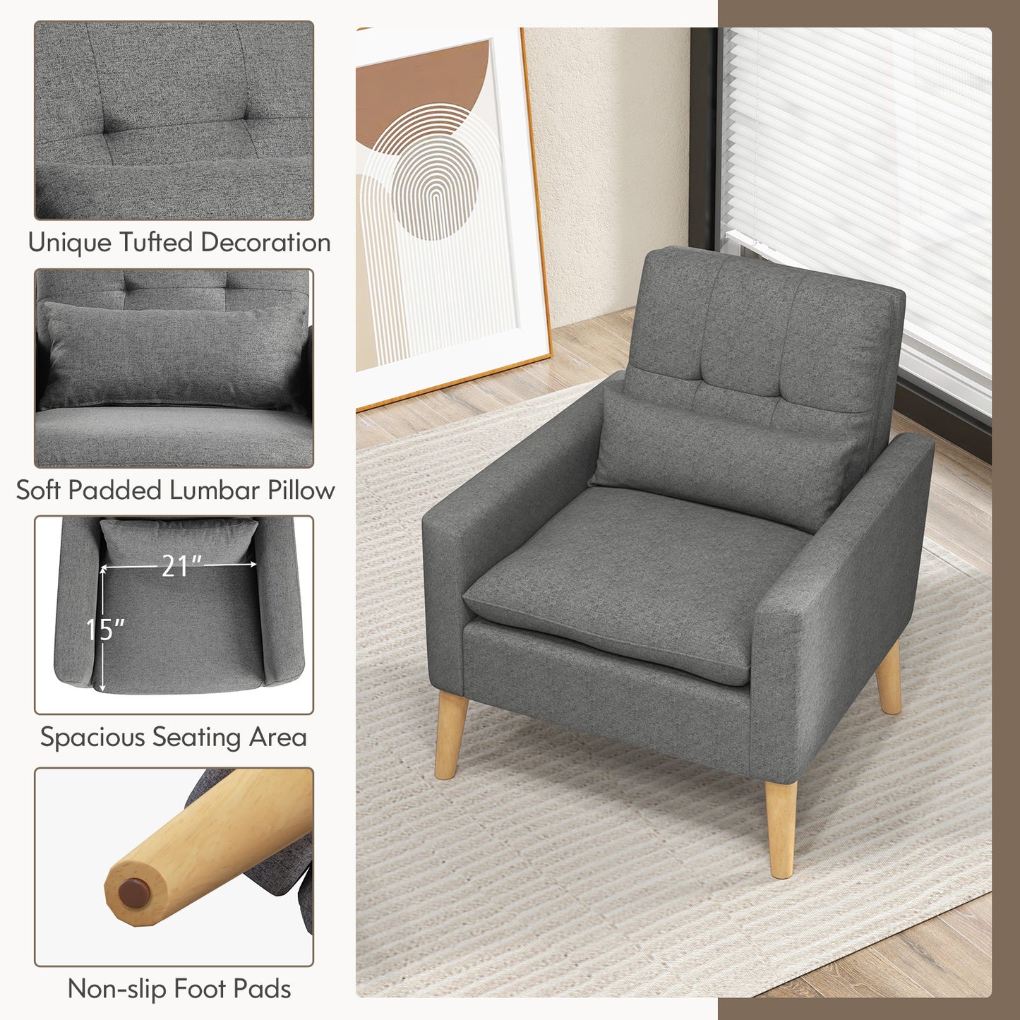 Accent Chair with Lumbar Pillow Natural Rubber Wood Legs Padded Cushions-Gray