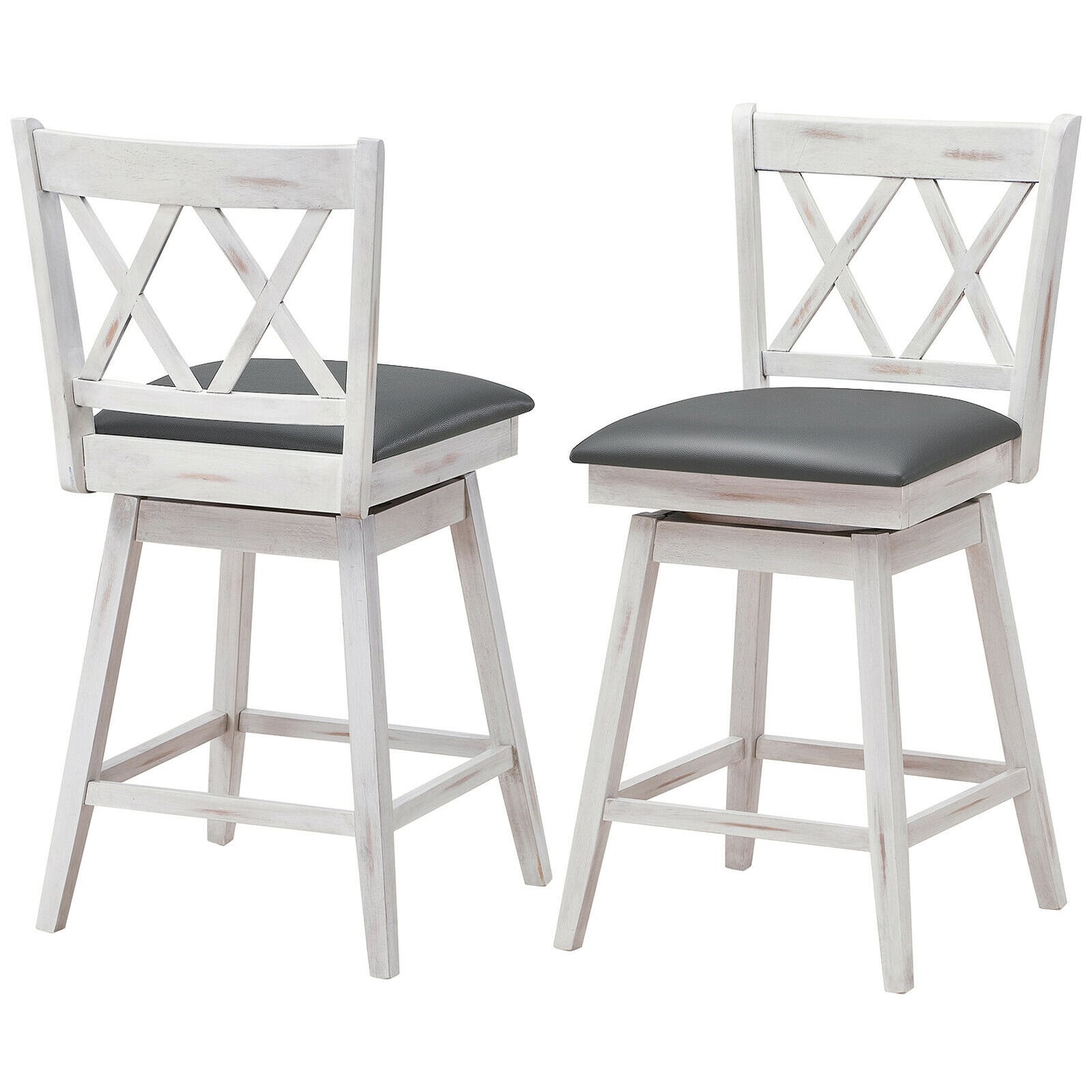 2 Pieces 24 Inches Swivel Counter Height Barstool Set with Rubber Wood Legs-White