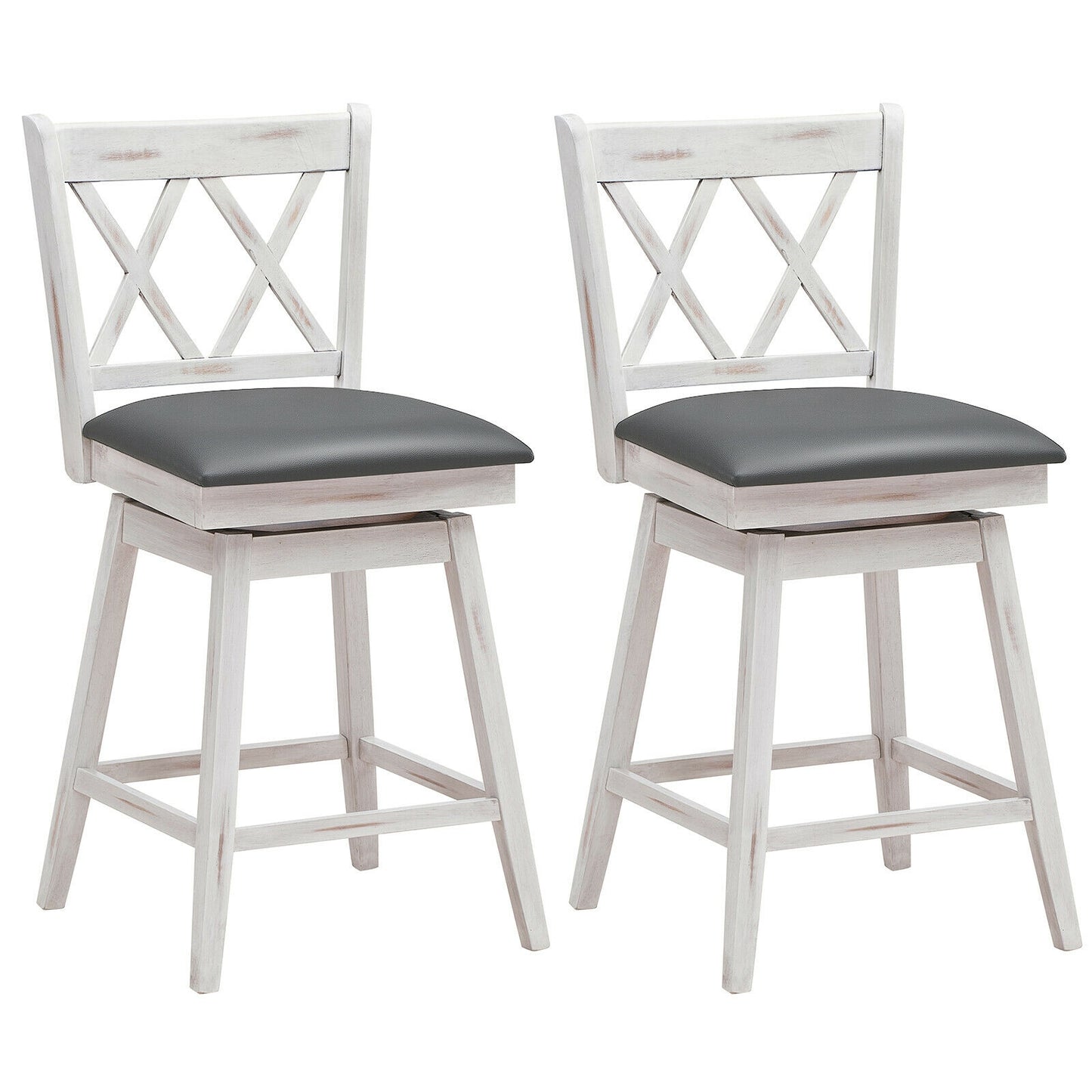 2 Pieces 24 Inches Swivel Counter Height Barstool Set with Rubber Wood Legs-White