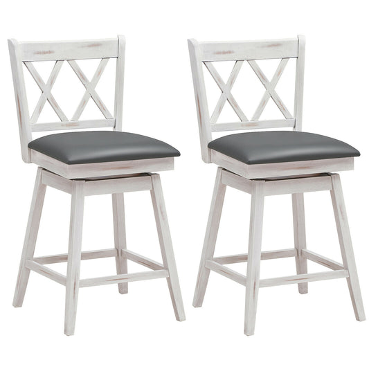 2 Pieces 24 Inches Swivel Counter Height Barstool Set with Rubber Wood Legs-White