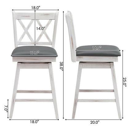 2 Pieces 24 Inches Swivel Counter Height Barstool Set with Rubber Wood Legs-White