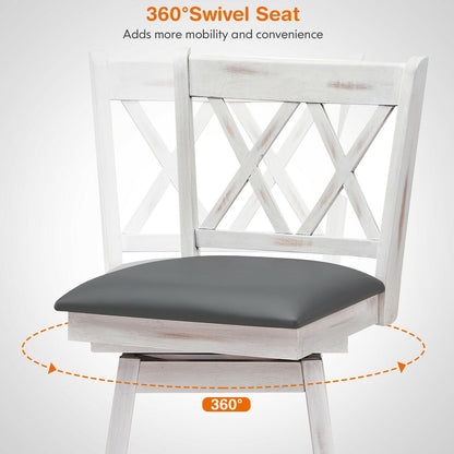 2 Pieces 24 Inches Swivel Counter Height Barstool Set with Rubber Wood Legs-White