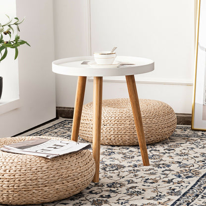 Mid Century Modern Round Side Sofa Coffee Table with Wooden Tray-Brown