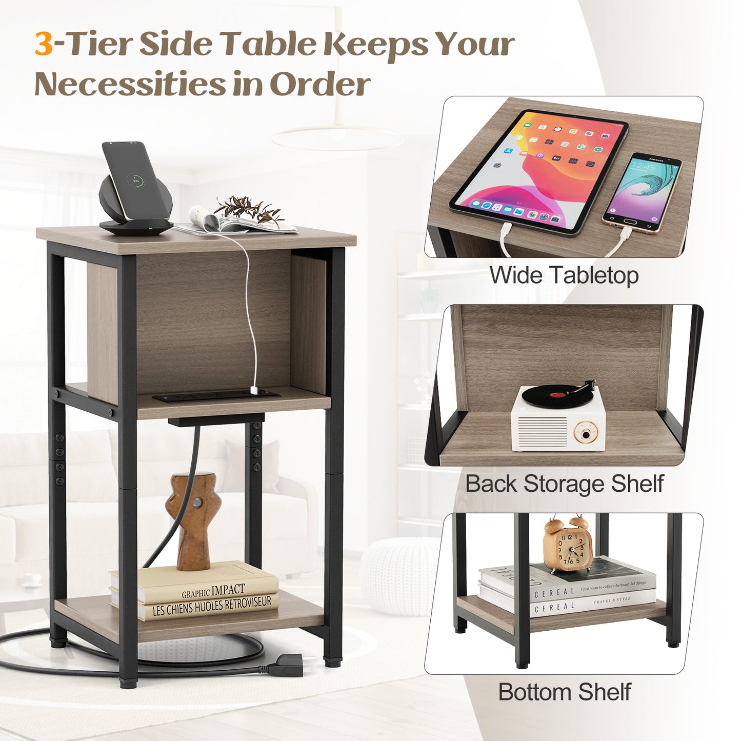 3-Tier End Table with USB Ports & Power Outlets-1 Piece