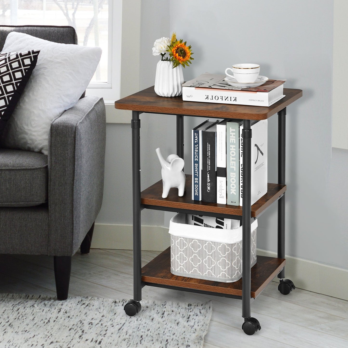 3-tier Adjustable Printer Stand with 360° Swivel Casters-Black