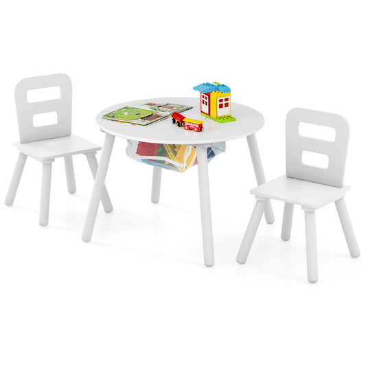 Wood Activity Kids Table and Chair Set with Center Mesh Storage-White