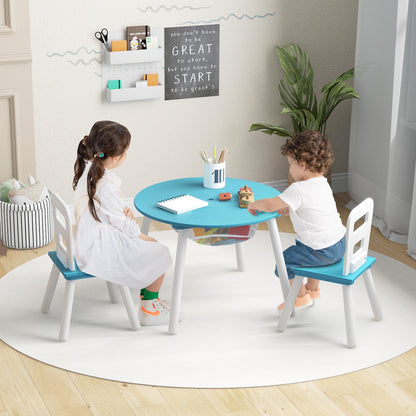 Wood Activity Kids Table and Chair Set with Center Mesh Storage for Snack Time and Homework-Blue