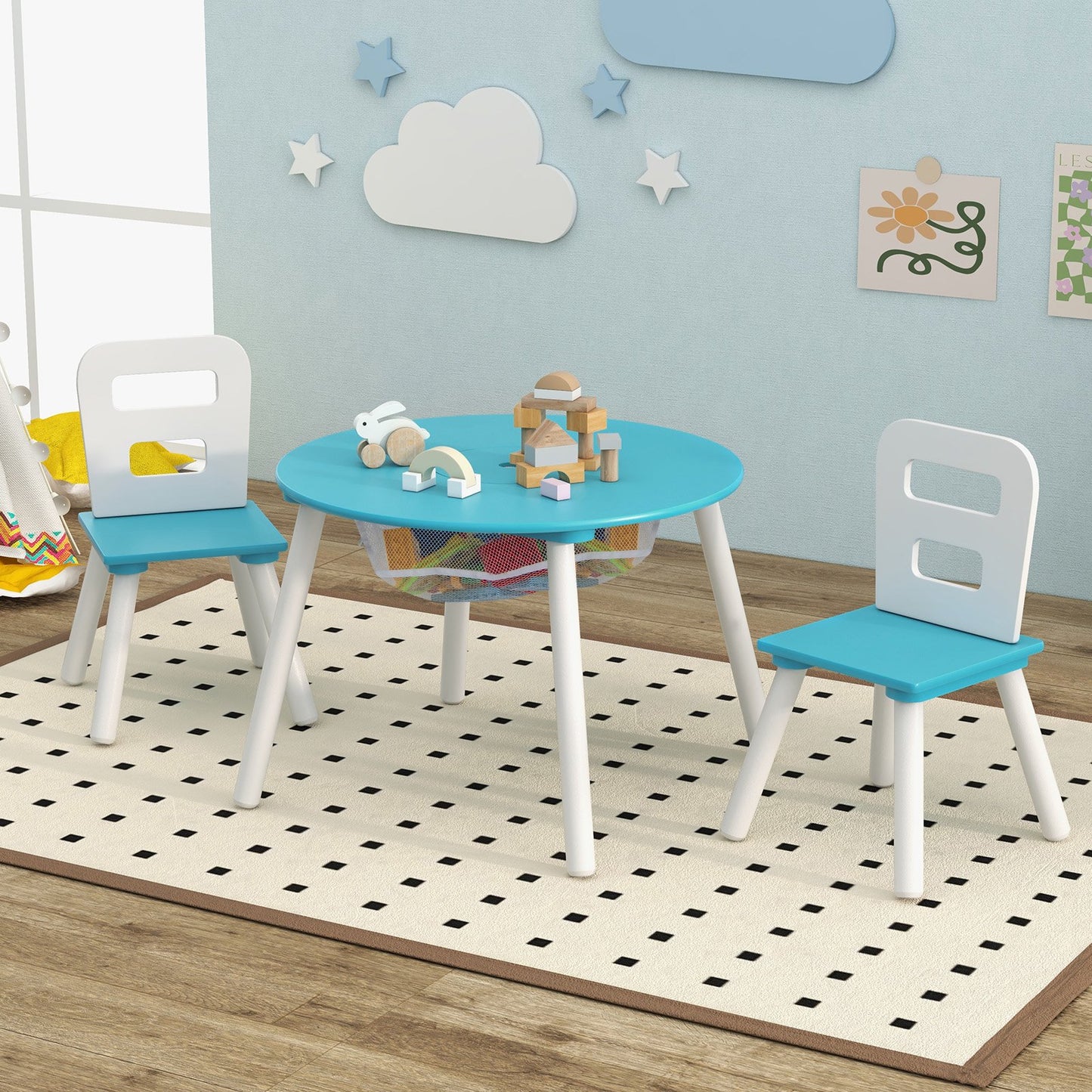 Wood Activity Kids Table and Chair Set with Center Mesh Storage for Snack Time and Homework-Blue