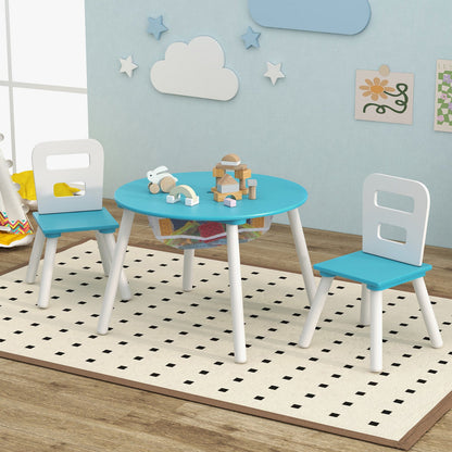 Wood Activity Kids Table and Chair Set with Center Mesh Storage for Snack Time and Homework-Blue