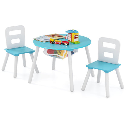 Wood Activity Kids Table and Chair Set with Center Mesh Storage for Snack Time and Homework-Blue
