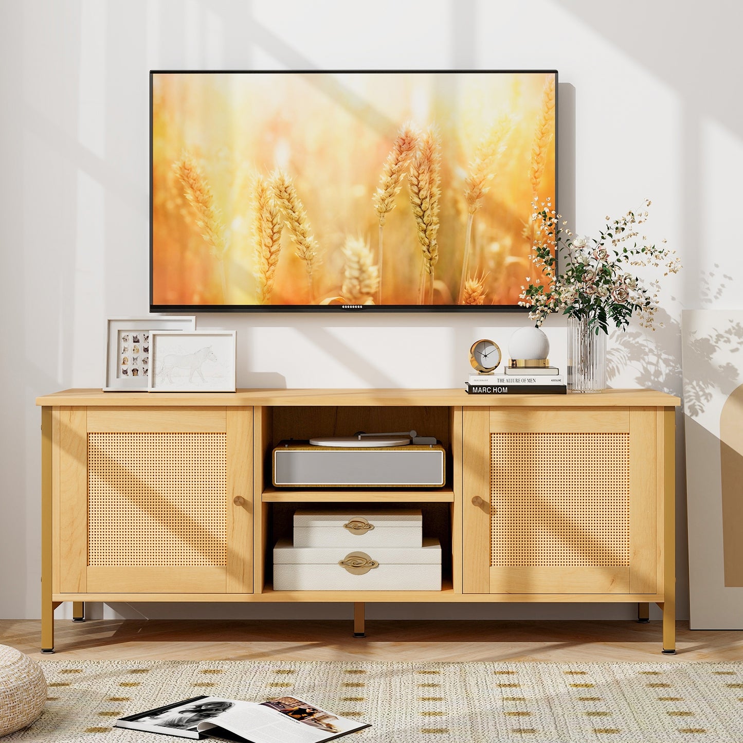Boho TV Stand for TV up to 55 Inches with Faux Rattan Door-Natural